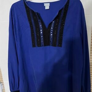 Chicos Blouse, Size 3, Royal Blue with Black Beading